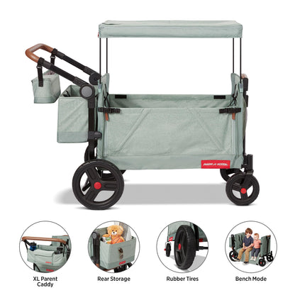 Radio Flyer Atlas Stroll 'N Wagon, Sage Green, for Ages 1+, 3-in-1 Push or Pull Versatility, One-Hand Fold, UV Canopy, 5-Point Harnesses, Storage Capabilities, Rubber Wheels, Stroller Wagon for Kids