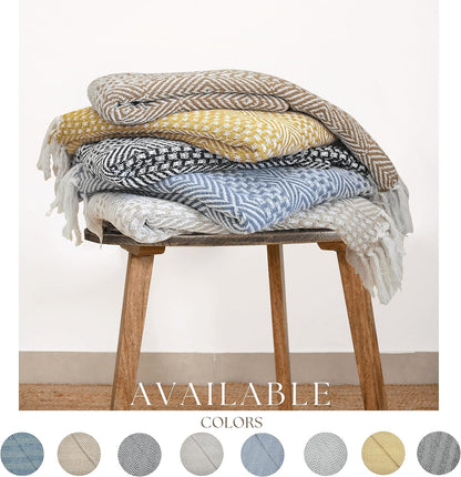 RAJRANG Rustic Throw Blanket - Decorative Tassel Cotton Throws, Geometric Woven Soft Patio Comfy Blankets Teal Blue