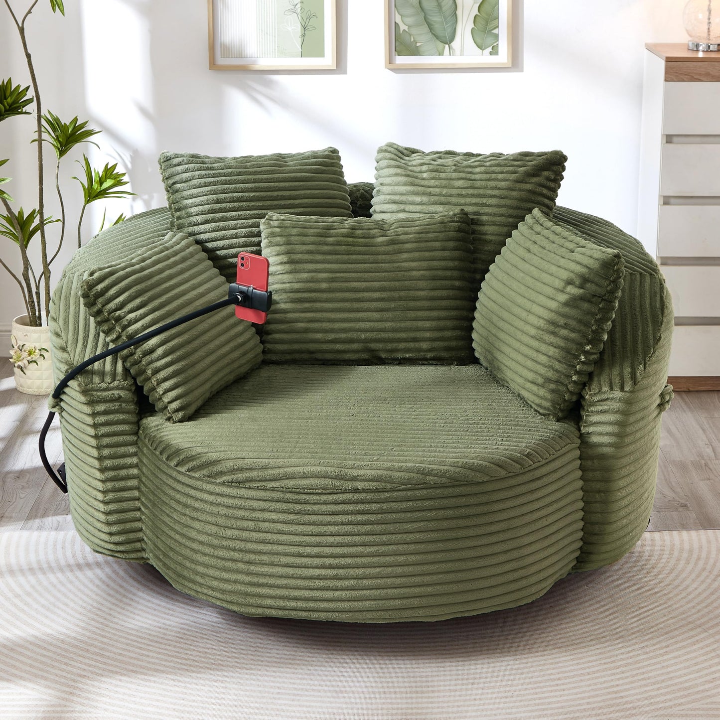 ERYE 360° Swivel Accent Barrel Chair Round Sofa Chaise with 5 Pillows and Adjustable Phone Holder, Modern Round Lazy Armchair for Living Room, Bedroom, Office and Hotel