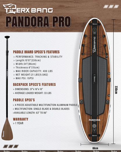 TIGERXBANG Inflatable Paddle Board 10'8", Extra Wide, Upgraded Seat, Accessory Mount & Fishing Rod Holder, Premium Accessories for Leisure Paddling & Fishing