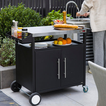 OuterMust Grill Table Outdoor Kitchen Cabinet, Moveable Outdoor Prep Table & Bar for Storage, Grilling and Pizza Oven, Multifunctional Silver & Black