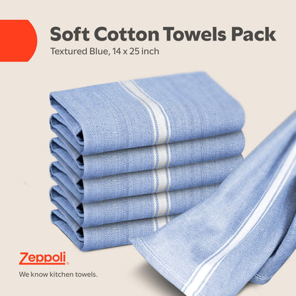 Zeppoli Classic Kitchen Towels - 15 Pack 100% Natural Cotton Towel Set, Reusable Wash Cloths, Absorbent Dish Towels, Machine Washable Hand Towels, Kitchen Essentials - 14” by 25” - Blue Base