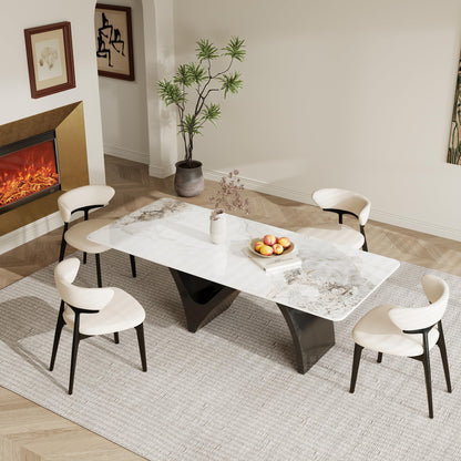 86" Modern Rectangular Dining Table for 8-10, Glossy Kitchen Table with Glossy White Glossy Sintered Stone Tabletop, and Black Stainless Steel Base (Table Only)