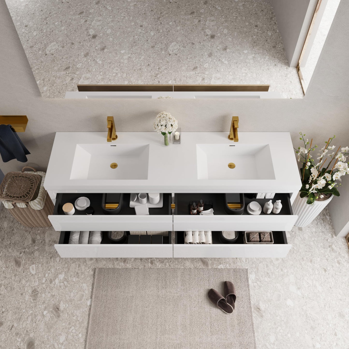 GDFStudio 72" Wall Mounted Double Sink Bathroom Vanity, Floating Vanity with Stone Resin Countertop, Floating Bathroom Storage Cabinet with Soft Close Drawers, Pre-Assembled Base, Glossy White