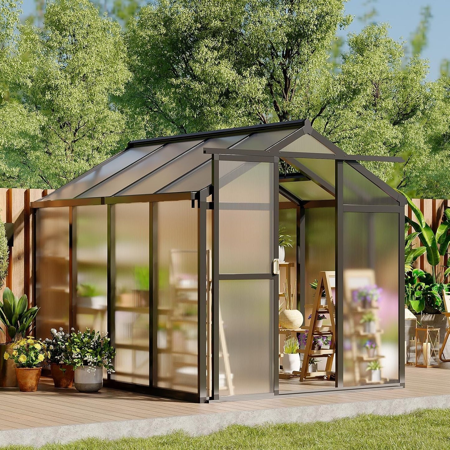 Greenhouse, 6x8 Ft Outdoor Greenhouses, Greenhouse Kit, Portablee Greenhouses with Ground Nails and Vent Windows, Sliding Lockable Door, Polycarbonate Green Houses for Outside Garden Backyard, Black