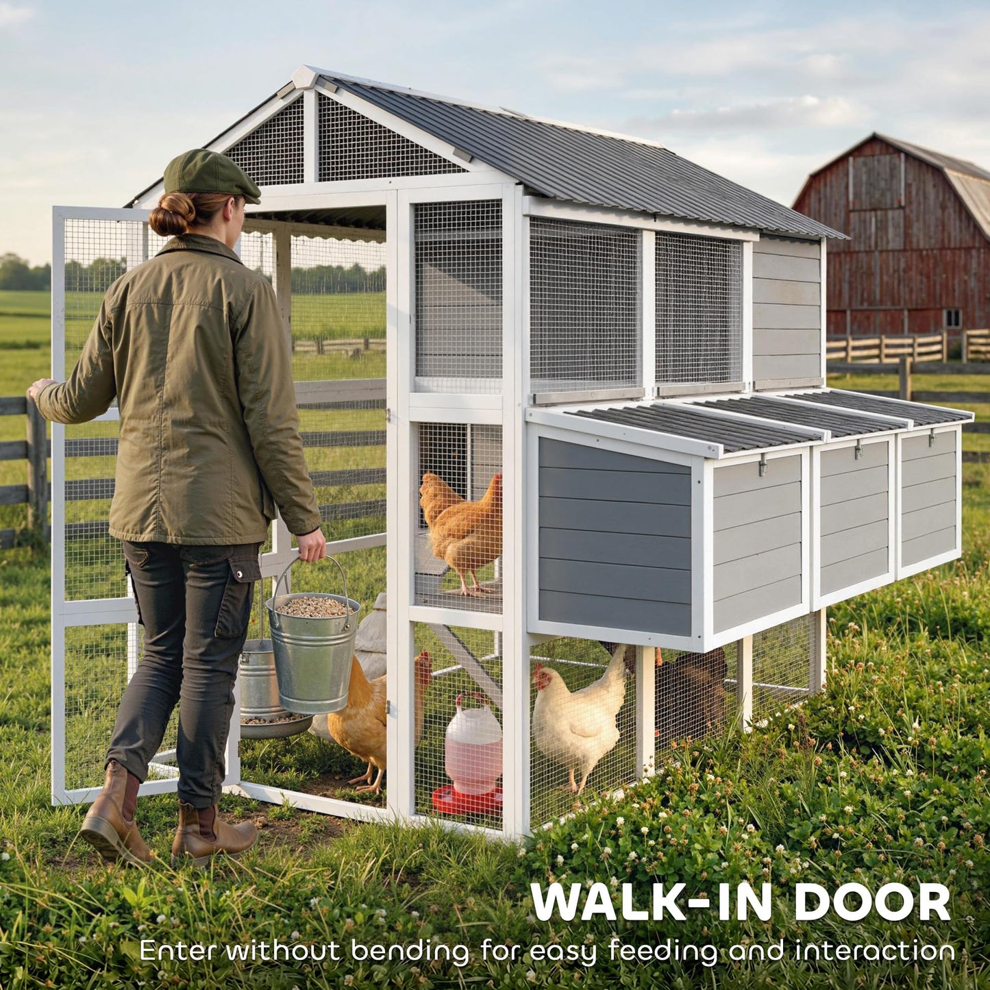 PawHut 77" Large Chicken Coop for 6-8 Chickens, Outdoor Wooden Hen House Poultry Cage with Run, 3 Nesting Boxes, Waterproof Roof, Removable Tray, Ramp for Farm Backyard, Gray