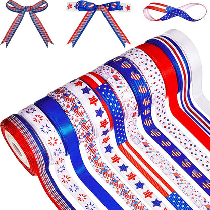12 Rolls 60 Yards 4th of July Ribbons Red White Blue Grosgrain Ribbon Patriotic Stain Flag Ribbons for 250th Anniversary Patriotic Independence Day DIY Wrapping Craft Decoration Hair Bow Wreath