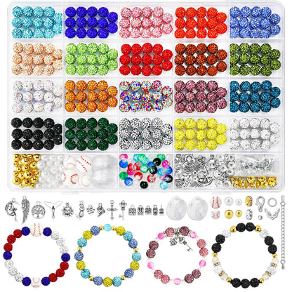 Dowarm 480PCS 10mm Rhinestone Beads Kit for Jewelry Making Baseball Necklace Friendship Bracelet, Round Disco Ball Rhinestone Clay Beading Set with Crackle Spacer Beads Charms for DIY Crafting