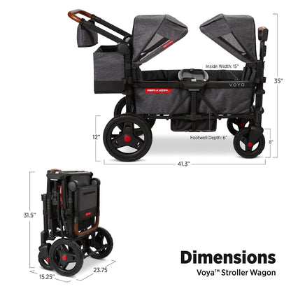 Radio Flyer Voya Stroller Wagon, for Toddlers and Kids 6+ Months, Push or Pull, 2 Seats, Dual Sun Canopies, Compact Fold, Lightweight, Storage Space, 5-Point Harnesses, Stroller Wagon for Kids