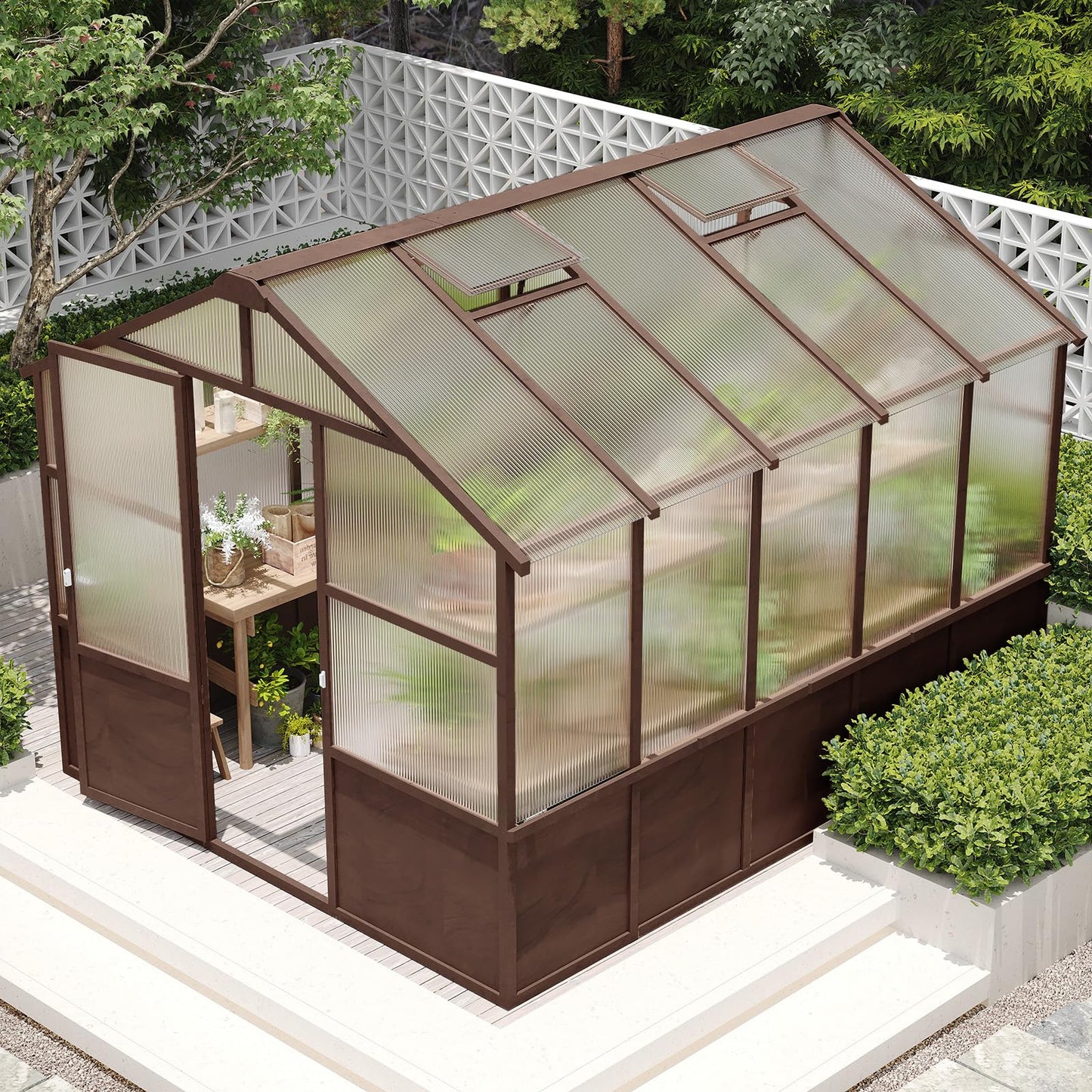 8x10 FT Outdoor Wood Greenhouse, Heavy Duty Solid Pine Wooden Walk-in Green House with 6MM Thick Polycarbonate Panels, Adjustable Roof Vents and Lockable Door, Garden House for Backyard Patio Lawn