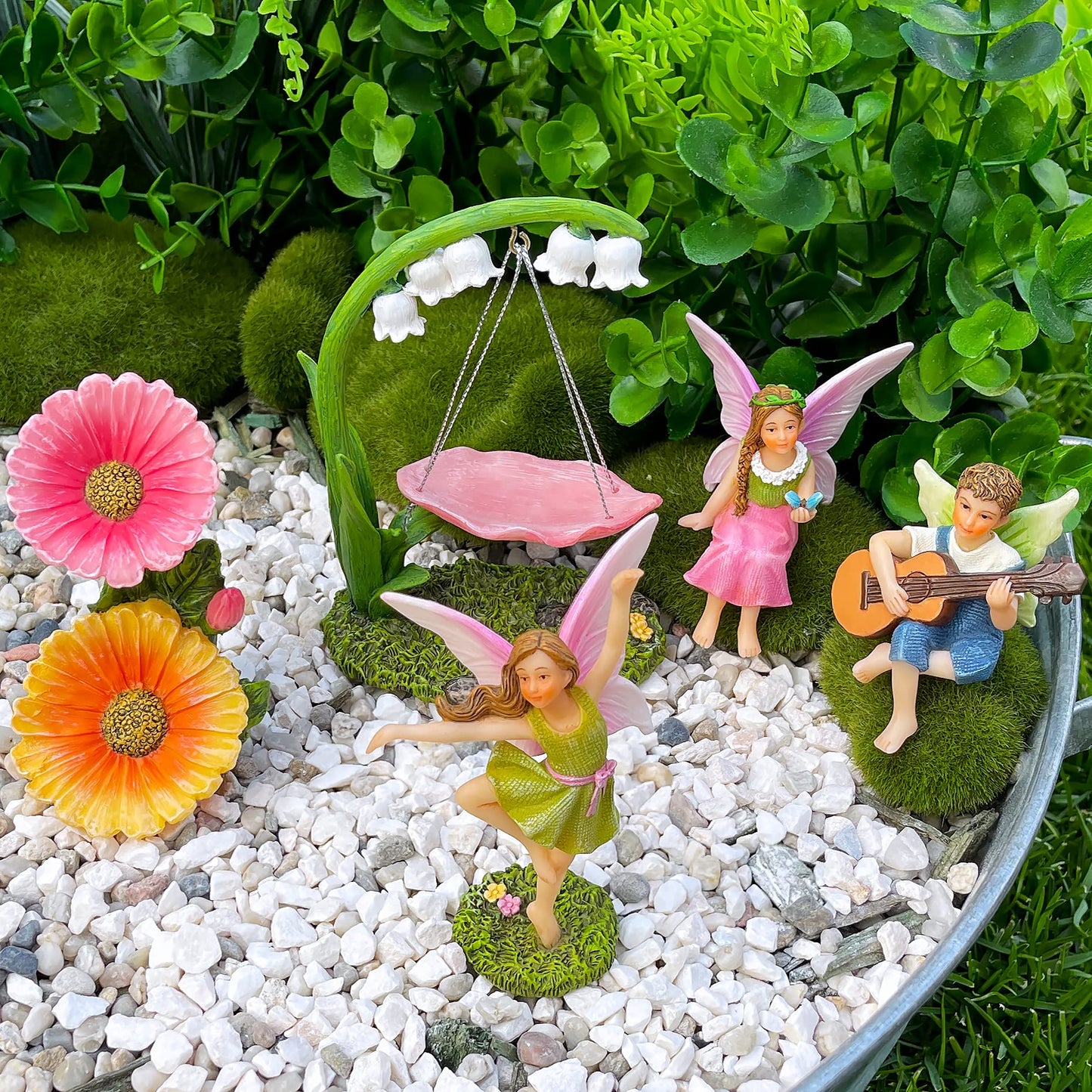 Mood Lab Fairy Garden Figurines - Dancing Swing Set (5 pcs) - Miniature Decorative Statues & Accessories - Outdoor & Indoor Garden Decor