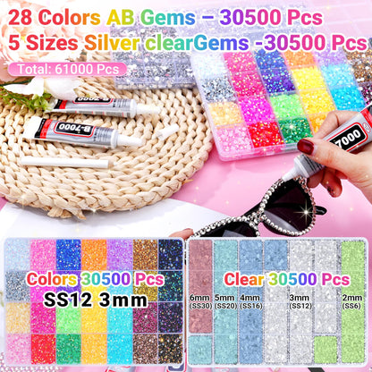 61000Pcs Jelly Rhinestones for Bedazzling, 2 Boxes Multicolor 3mm & Silver Clear 2/3/4/5/6mm Resin Flatback Gems for Crafting, Bedazzler Kit with 3Pcs 15ml B7000 Jewelry Glue for Crafts Clothes Book