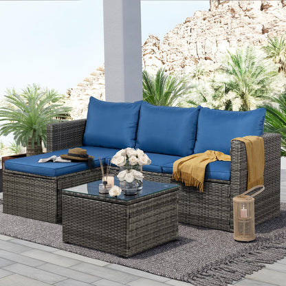 SUNLEI Small Outdoor Sofa Patio Furniture Set with Detachable Cushions, 3 PCS Patio Sectional Sofa with Coffee Table & 5 Position Adjustable,PE Rattan Patio Conversation Set, Silver Rattan/Royal Blue