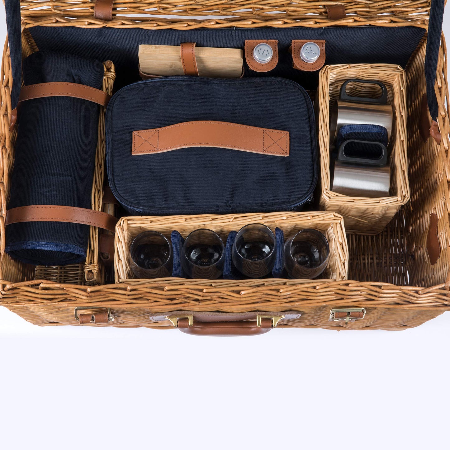 PICNIC TIME - Windsor Luxury Picnic Basket for 4 - Large Wicker Picnic Basket - Deluxe Picnic Set 4, (Navy Blue)