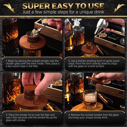 Cocktail Smoker Kit with Torch - Smoke Infuser Set For whisky and Bourbon - Drink Set Includes Smoker Wooden Box for Old Fashioned Cocktails, Wood Chips and Accessories (No Butane)