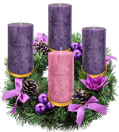 Purple Ribbon Advent Wreath Ring Candle Holder - Large Pillar Candle Stand for Christmas Decor