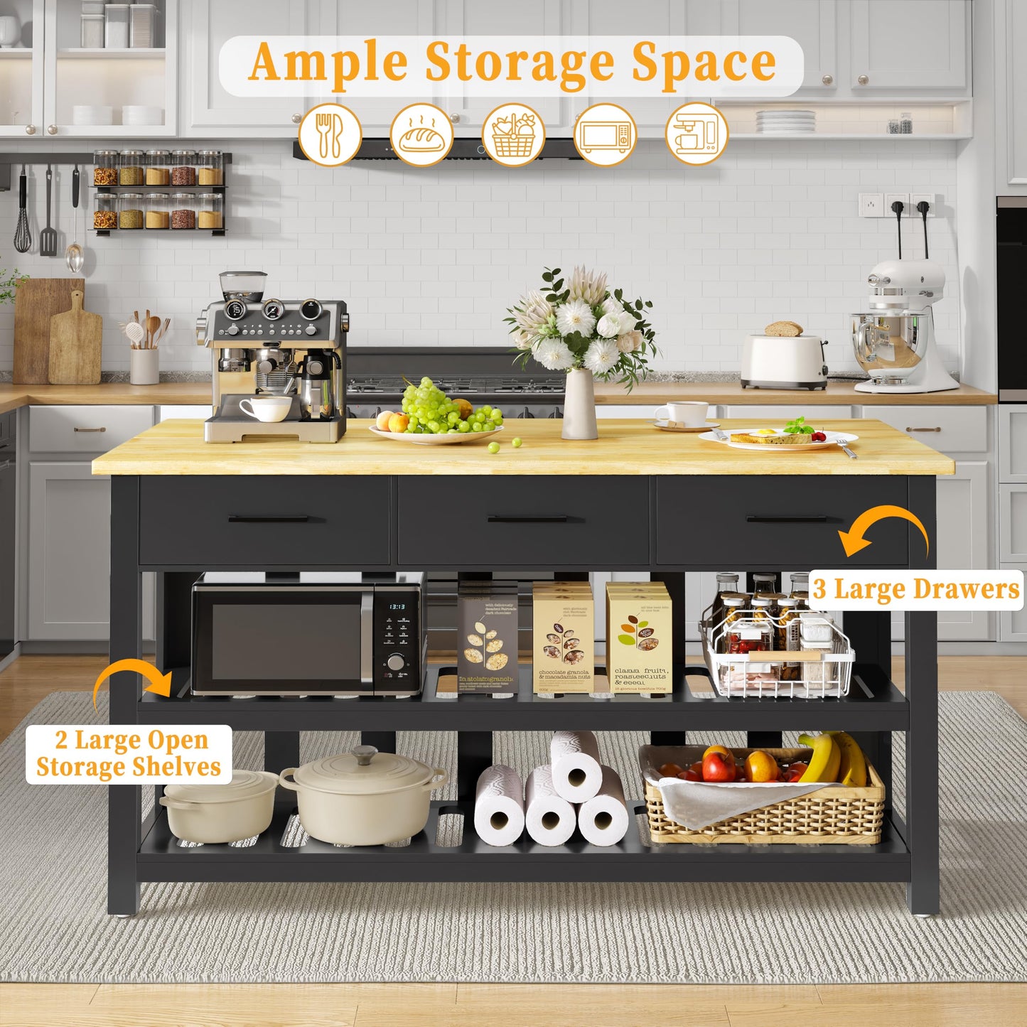 DynJest 60" Solid Rubberwood Kitchen Island with Power Outlets - Extra Large Work Surface, 3 Drawers & 2 Open Shelves Storage Cabinet for Kitchen Dining Room, Farmhouse Style (Black)