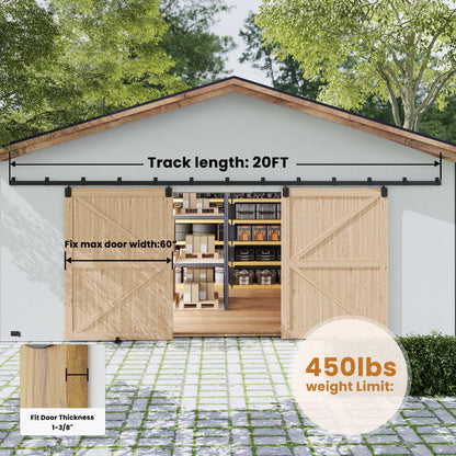 SmartStandard 20FT Exterior Sliding Barn Door Hardware Kit, Box Rail Barn Door Track Kit for Outdoor Use, 450lb Capacity Heavy Duty Wall Mount Kit, Fix Double 60" Door