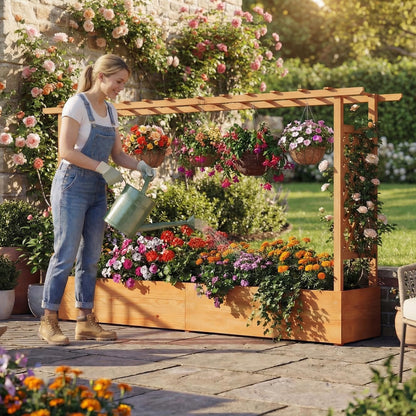 HAPPYGRILL Raised Garden Bed with Trellis, 2 Pack Freestanding Wood Planter Box w/Hanging Roof & 8 Drainage Holes for Vine Climbing Plants Flowers, Outdoor Planter with Trellis for Garden Patio Yard