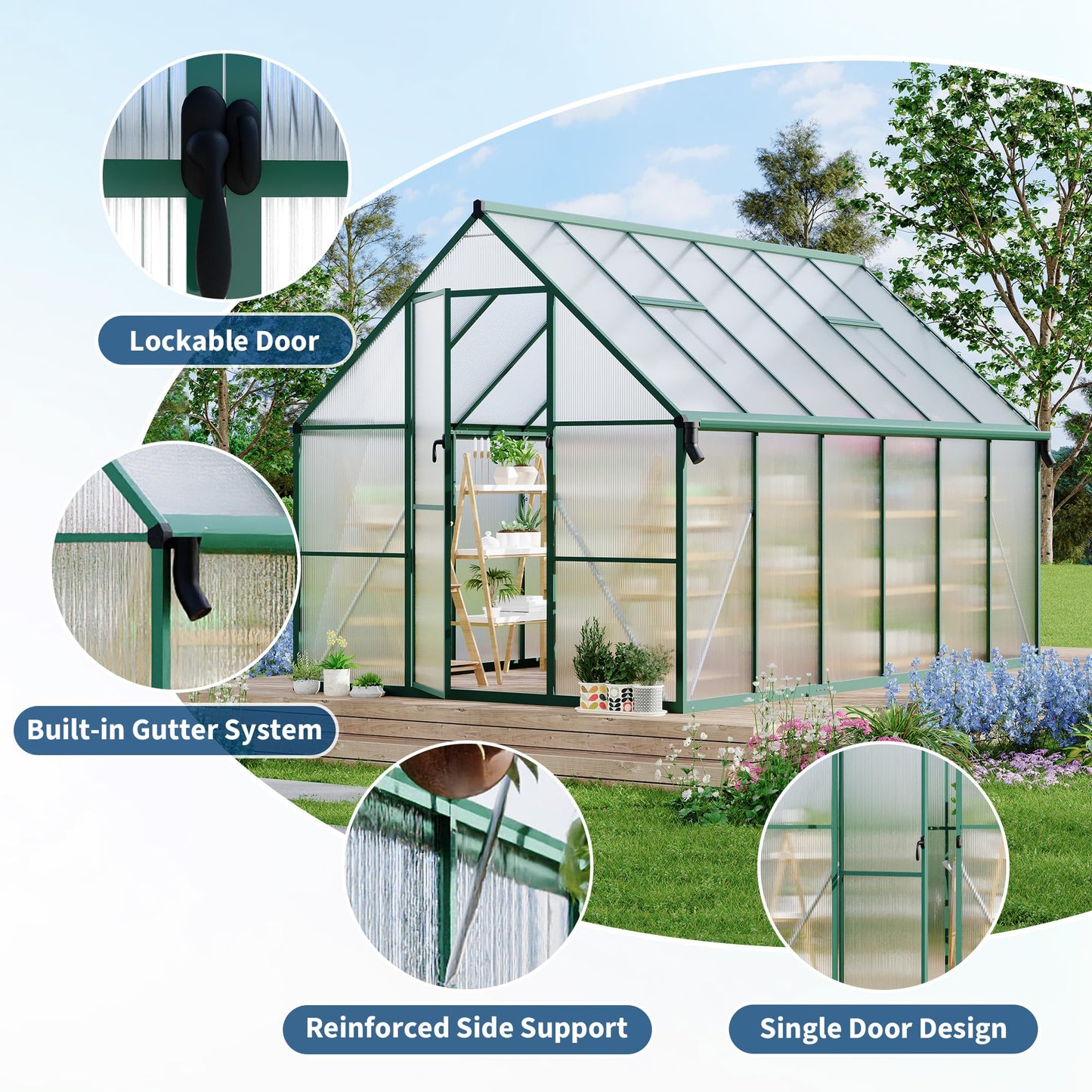Polycarbonate Greenhouse for Outdoors, Large Walk-InGreenhouse with Quick Setup Structure and Roof Vent, Greenhouse with Ventilation