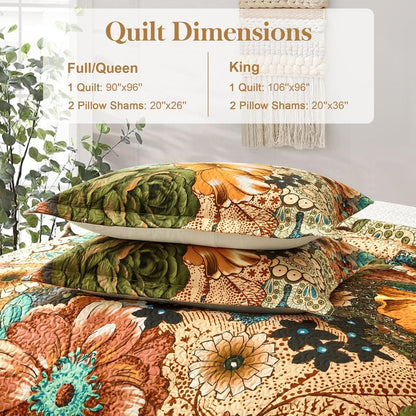 Boho Floral Quilt Sets King Size Reversible Mid Century Quilt Bedding Set Bohemian Design Soft Bedspread 3 Pieces Microfiber Lightweight Coverlet with 2 Pillow Shams for All Seasons, 106''x96''
