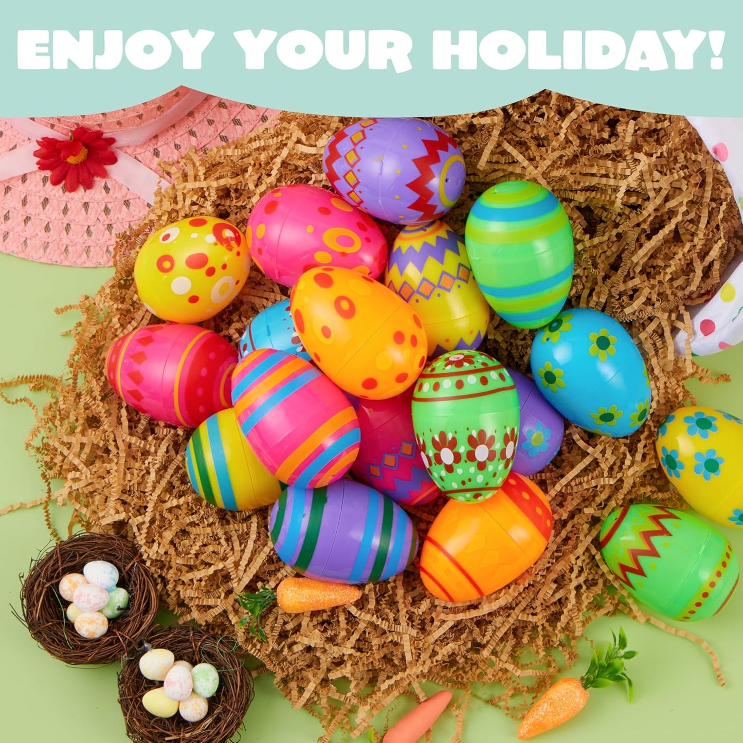 3.15Inch Favor-50 JOYIN Printed Plastic Eggs Colorful, Fillable Empty Eggs Bulks for Easter Hunt Event, Party pcs
