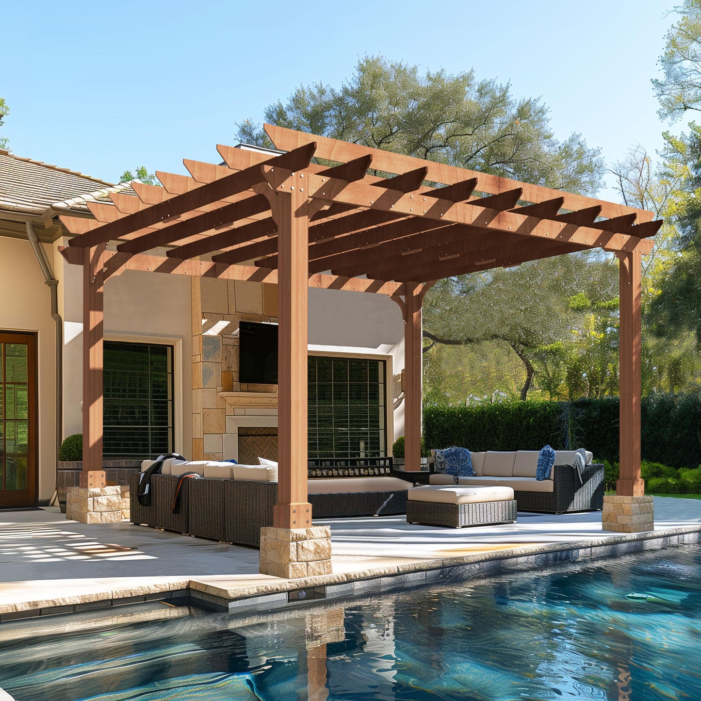 BlueWish 12’ x 14’ Cedar Wood Patio Pergola with Slatted Trellis Roof, Outdoor Pergola Backyard Gazebo with Solid Structure for Deck Yard Grill Party Garden