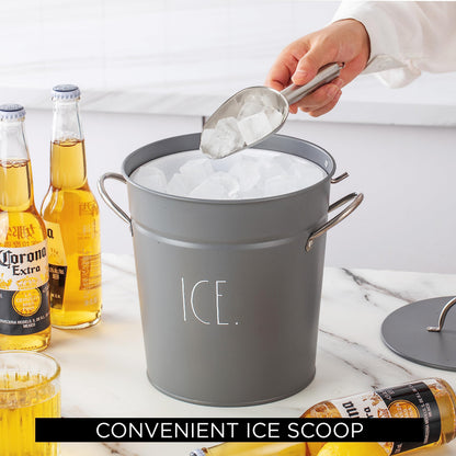 Rae Dunn Ice Bucket with Scoop - Stainless Steel Bucket with Handle, Lid and Ice Scooper - 4 Qt. Storage Bin for Ice Cubes for Bars, Parties, Backyard Barbeques, Picnics, and Camping (Grey)