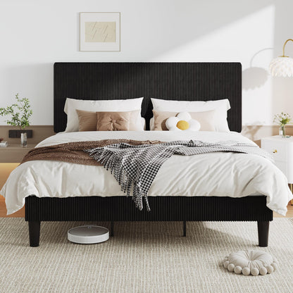 Allewie King Size Upholstered Bed Frame with Vertical Channel Tufted Headboard, Soft Corduroy Fabric Platform Bed, Strong Wooden Slats Support, Easy Assembly, No Box Spring Needed, Black