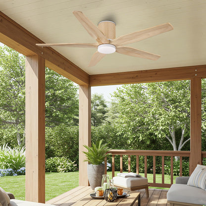 LEDLUX 54" Ceiling Fan with Light - Low Profile Flush Mount Ceiling Fan, 6-Speed Remote Control, Solid Wood, Quiet Reversible DC Motor, Wood/White Finish, for Bedroom, Living Room, Porch