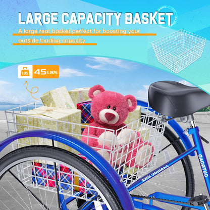 MarKnig Single Speed Adult Tricycle, 3 Wheel Bikes with Large Basket, Cruiser Bike for Women/Men/Seniors, Adult Trike for Outdoor/Shopping/Recreation/Picnic(26Inch Blue)