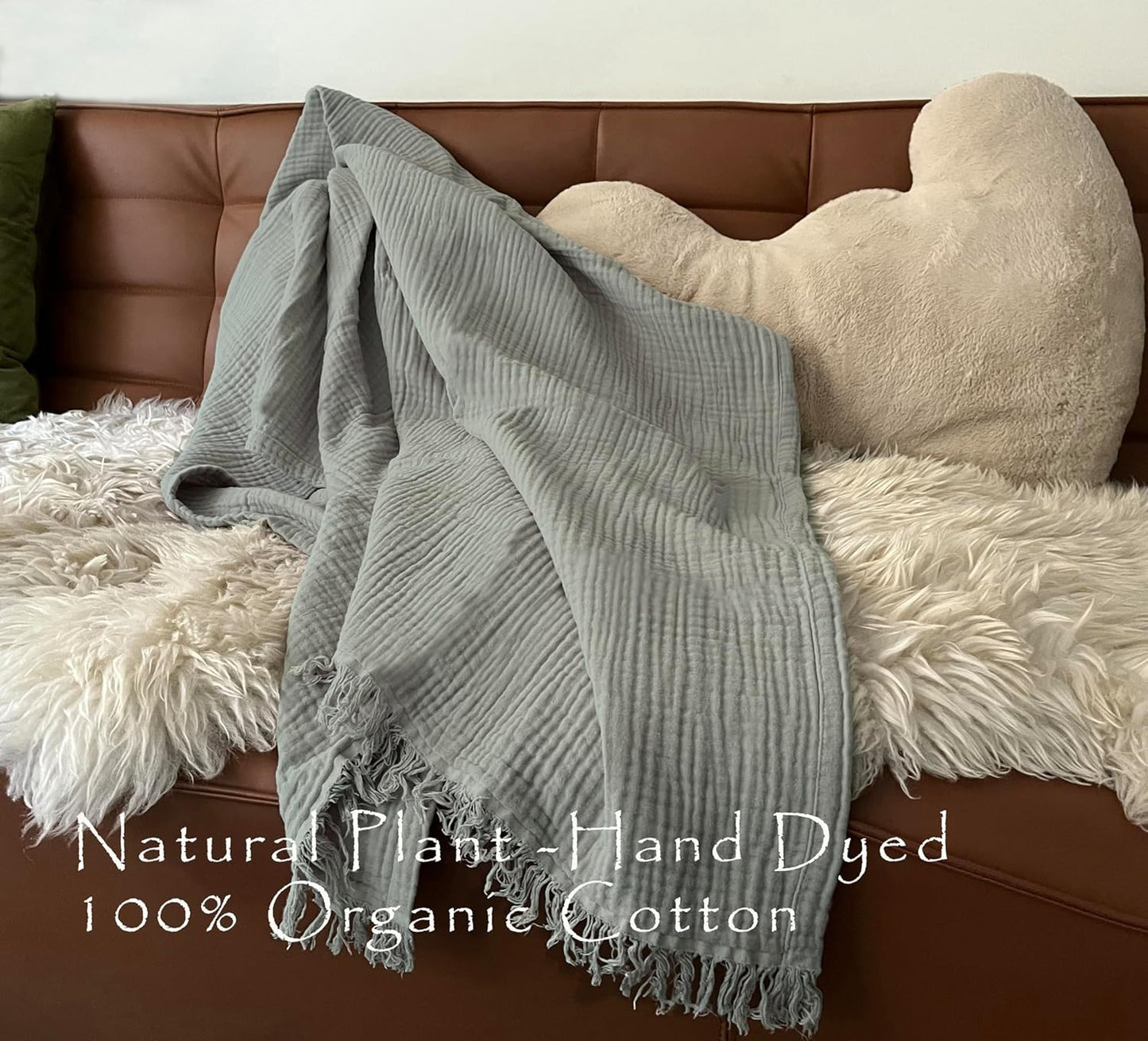 KyraHome 100% Organic Cotton 50"x60" Muslin Blanket for Adults, Couch, Pre-Washed Plant Dyed (Sage Green)