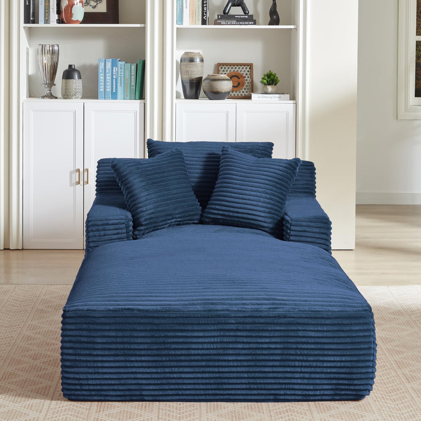 KEIKI 78.7" Oversized Indoor Chaise Lounge, Plush Corduroy Boneless Sofa Bed with 3 Pillows, Deep Seat Cloud Couch No Assembly for Bedroom Relaxation