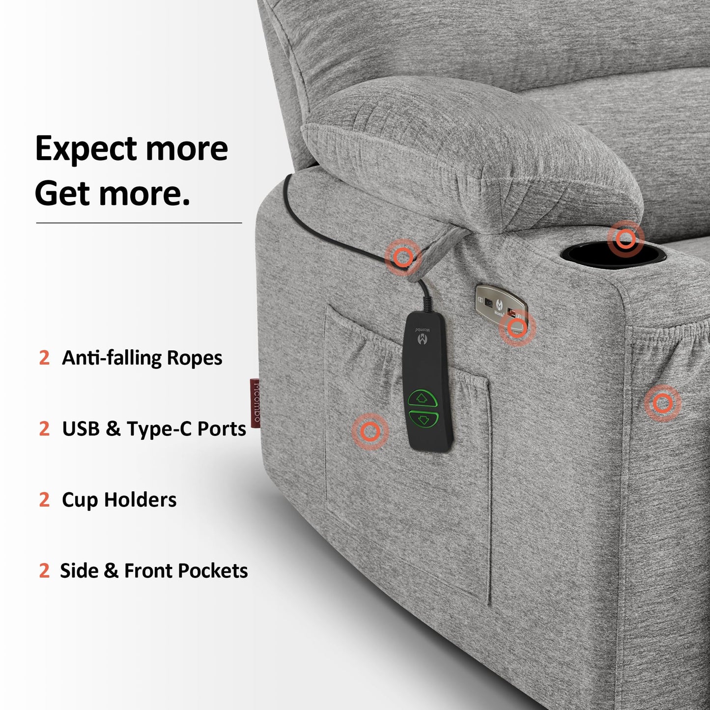 MCombo Power Lift Recliner Chair for Elderly, Lift Chair with Heat and Massage, USB &Type C Ports, Cup Holders, Fabric 7095 (Medium, Grey)