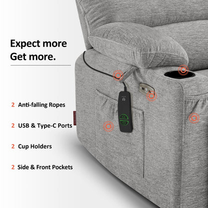 MCombo Power Lift Recliner Chair for Elderly, Lift Chair with Heat and Massage, USB &Type C Ports, Cup Holders, Fabric 7095 (Medium, Grey)