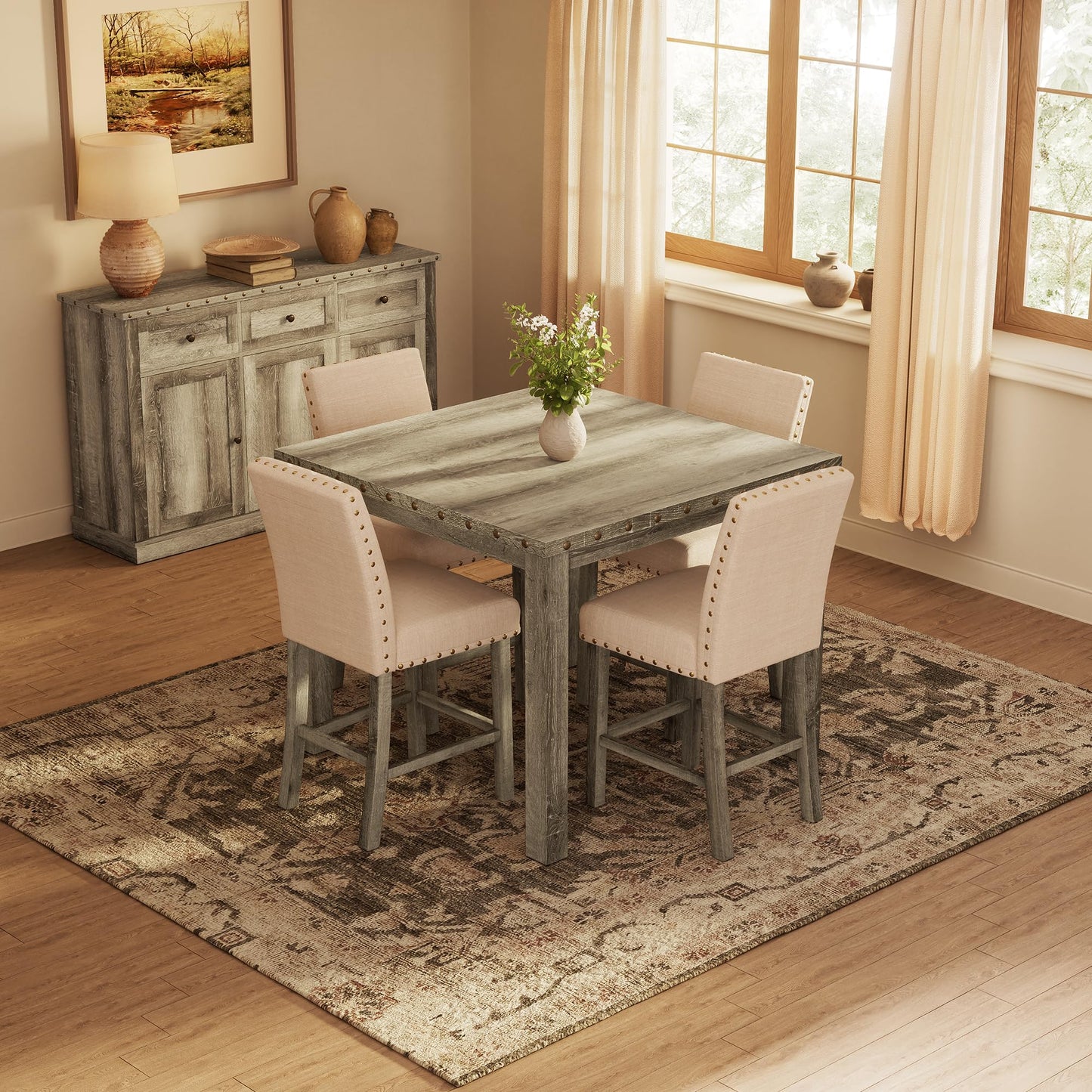 Farati Counter Height Dining Table Set for 4,Farmhouse Dining Table Set for 4,Square Bar Kitchen Dining Table with 4 Bar Stools,High Dining Table and Chairs for Dining Room, Kitchen