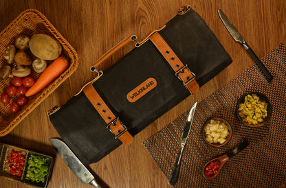 WELKINLAND 14-Pockets Knife Roll, Waxed Canvas Leather Knife Roll, Knifes bag holders, Chef Knife Roll Bag, Chef knife roll, Knife Roll Bag for Pocket Knives