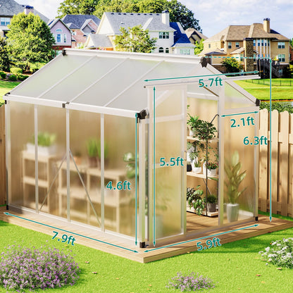 GarveeLife 6x8 FT Greenhouse - Large Aluminum Greenhouses for Outdoors, Heavy Duty Polycarbonate Greenhouse with Roof Vent&Ground Nails, Walk-in Green houses for Garden, Backyard, Patio, Easy Assembly