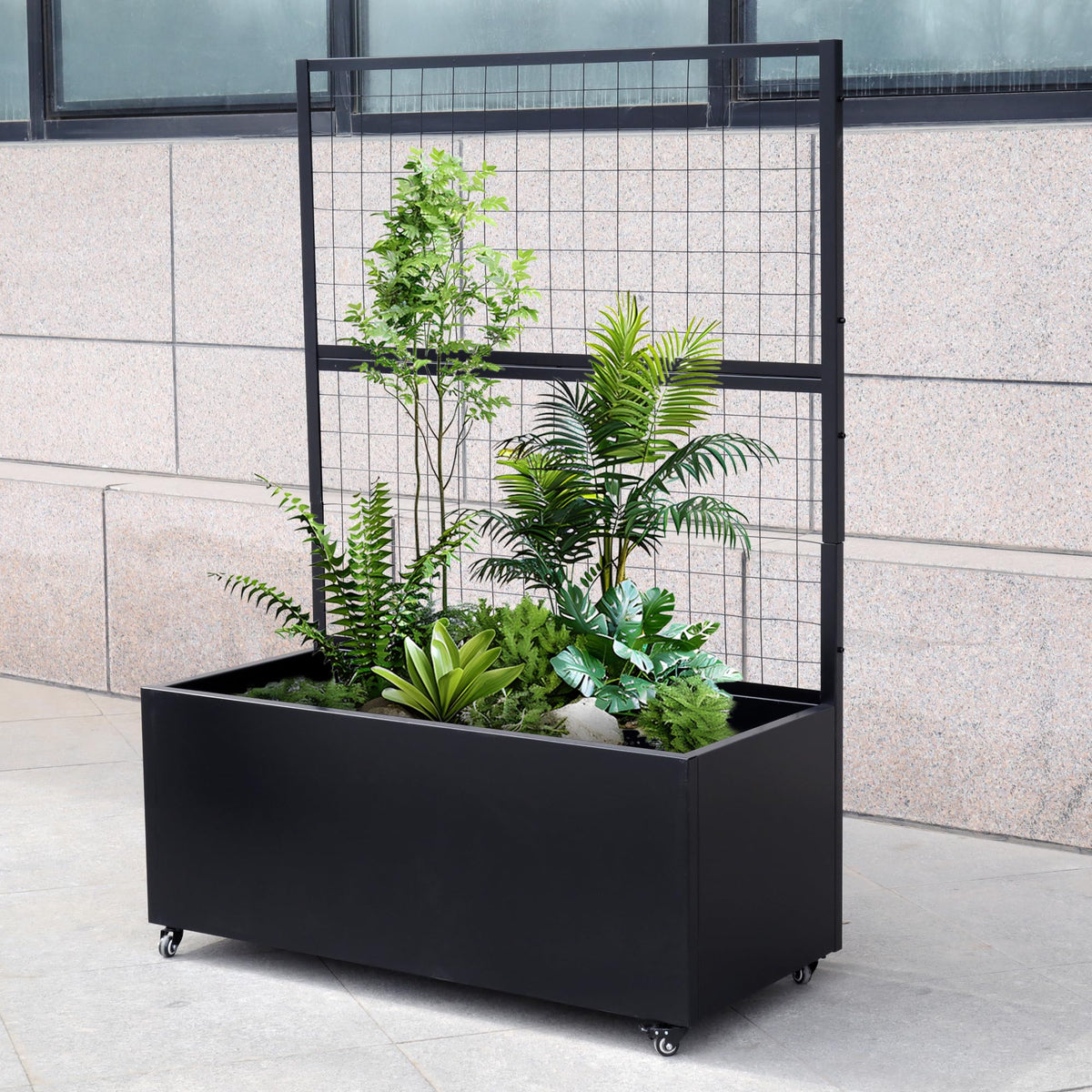 Metal Rolling Planter Box with Lattice Trellis – Modern COR-Ten Steel Trough on Casters | 66” x 46” x 21” (Black)
