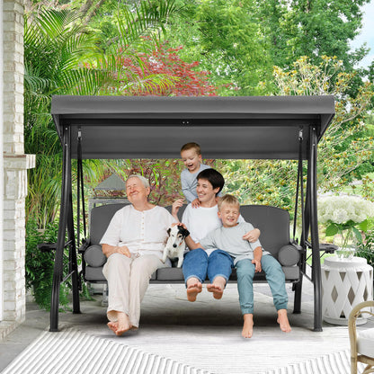 HOMREST 3 Person Outdoor Porch Swing with 1.5" Upgraded Cup Holder, Adjustable Canopy, Backrest, Patio Swing Bed with Weather Resistant Steel Frame, Cushions for Garden,Deck and Poolside(Gray)