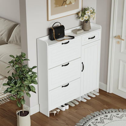 Ball & Cast Shoe Storage Cabinet with 3 Flip Drawers & 1 Drawer, Freestanding Hidden Shoe Organizer with Legs for Entryway, Narrow Shoe Rack Cabinet for Living Room,White