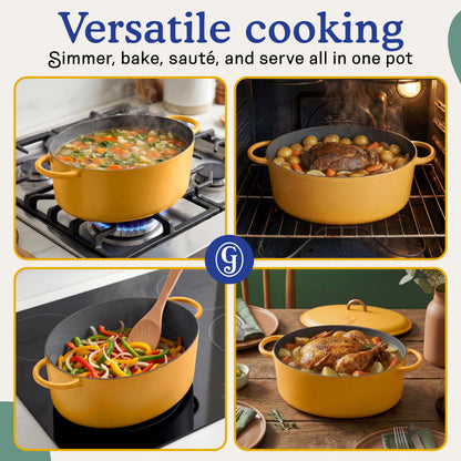 Great Jones Dutchess Cast Iron Dutch Oven Pot With Lid (Mustard) - Large 6.75 Quart Size, Dual Handles - All Stovetop Safe - 500° Dutch Oven For Bread Baking | Dishwasher Friendly