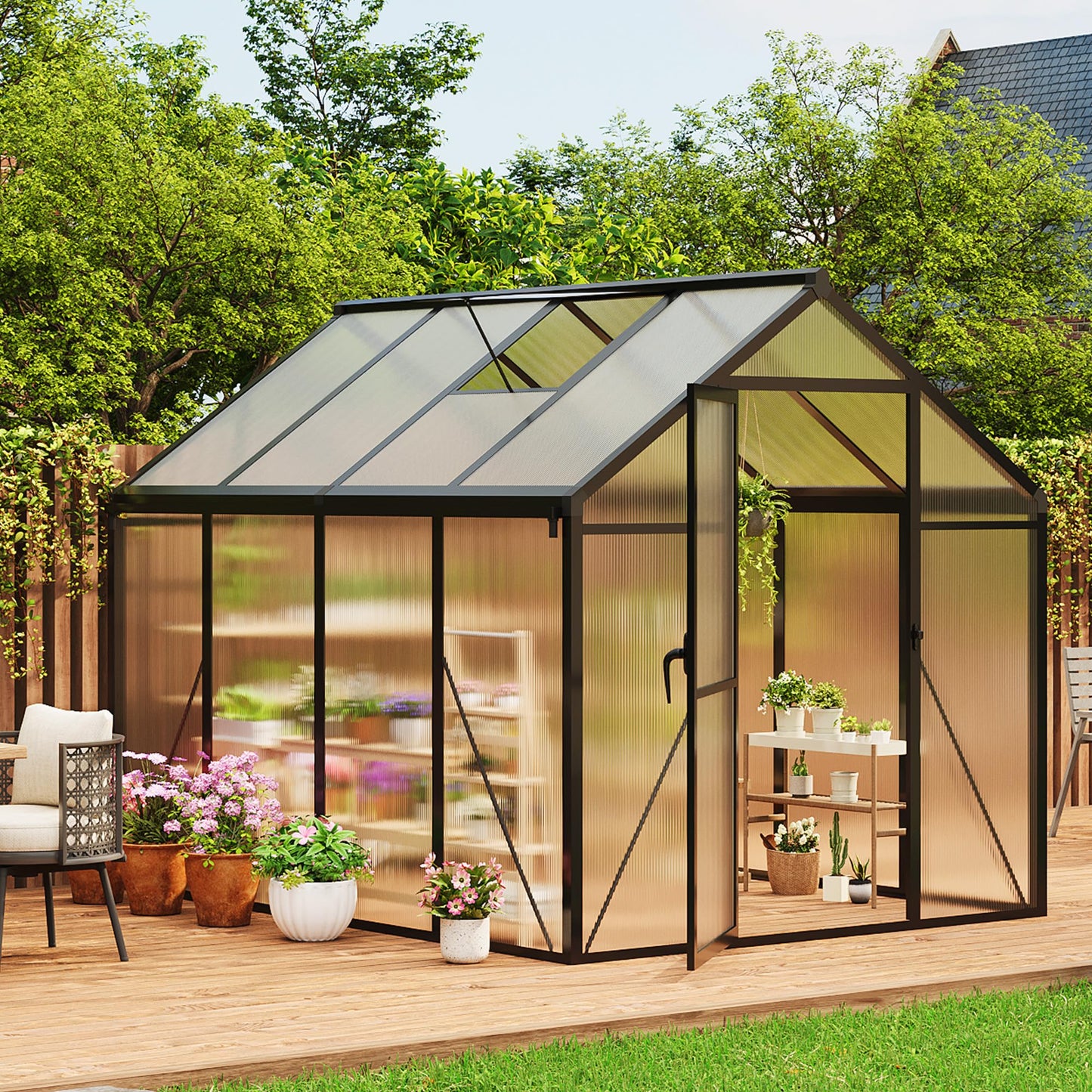 IDEALHOUSE 6×8 FT Greenhouse, Large Walk in Greenhouses for Outdoors and Garden Planting, Polycarbonate Greenhouse with Enhanced Aluminum Frame, Green Houses with Quick Setup Structure and Roof Vent