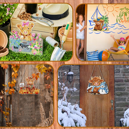 Cinnvoice 12 Pcs Seasonal Diamond Art Wreath Kits Holiday 5d DIY Diamond Painting Signs Germ Hanging Art Ornaments for Wall Door Decorations (Cow)