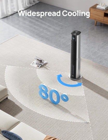 DREO Tower Fan for Bedroom, 43" Cooling Fans That Blow Cold Air 2026 Upgraded, Evaporative Air Cooler, Quiet 80° Oscillating Floor Fan, Easy Cleaning, APP Control, 4 Modes 4 Speeds, 12H Timer, Silver