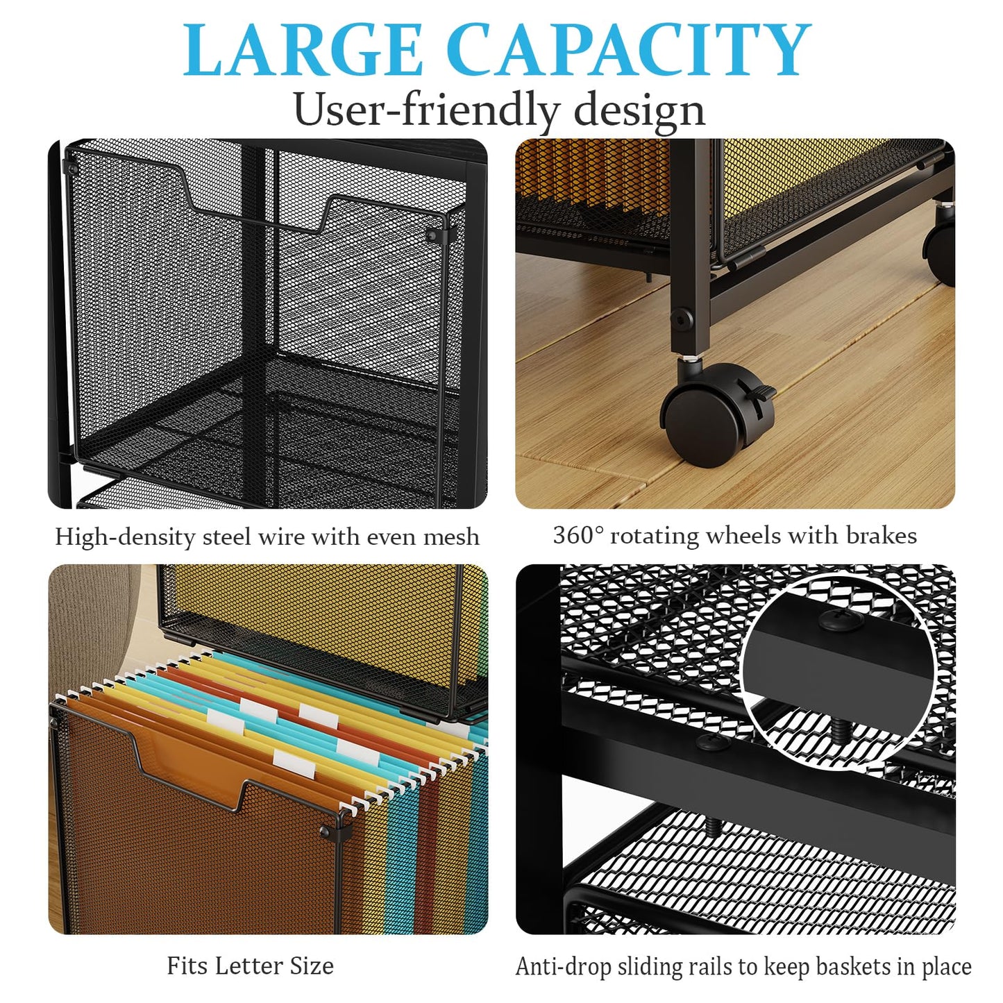 Sbanmao Rolling File Cart with 2 Storage Drawers, Mobile File Cabinet with Wheels, Hanging File Folder Organizer, Under Desk Storage, Printer Stand Utility Cart Filing Cabinet for Home Office,Black