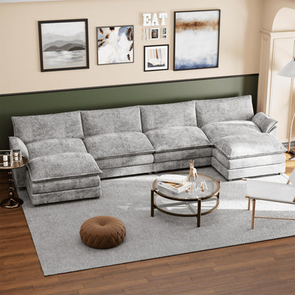 Shahoo Couches for Living Room, Sectional Modular Sofa U Shaped Chenille Fabric Couch with High Supportive & Soft Sponges and Removable Ottoman, Sleeper Comfy Upholstered Couch, Grey