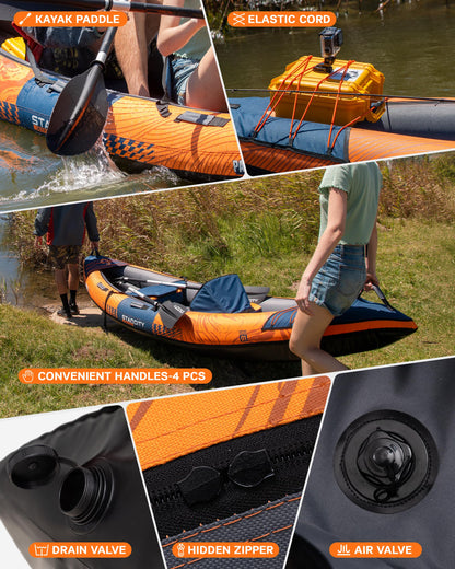 Kayak Inflatable Sit on Top Tandem Wide Stable Touring Fishing Performance 600 pound Capacity 12"2"*36"*13" for Lake Coastal Exploration Family Kayak Beginners Angler Kayak Adjustable Seat Footrest