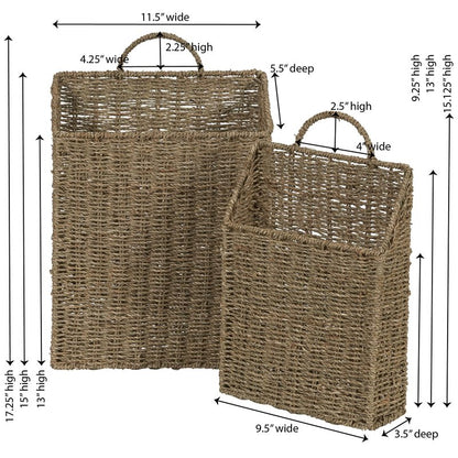 Rectangular Wicker Hanging Baskets, Set of 2, Small and Large, Handwoven Seagrass, Durable Metal Wire Frame, Multipurpose and Contemporary, Perfect for Organizing Newspapers, Mail and More, Natural