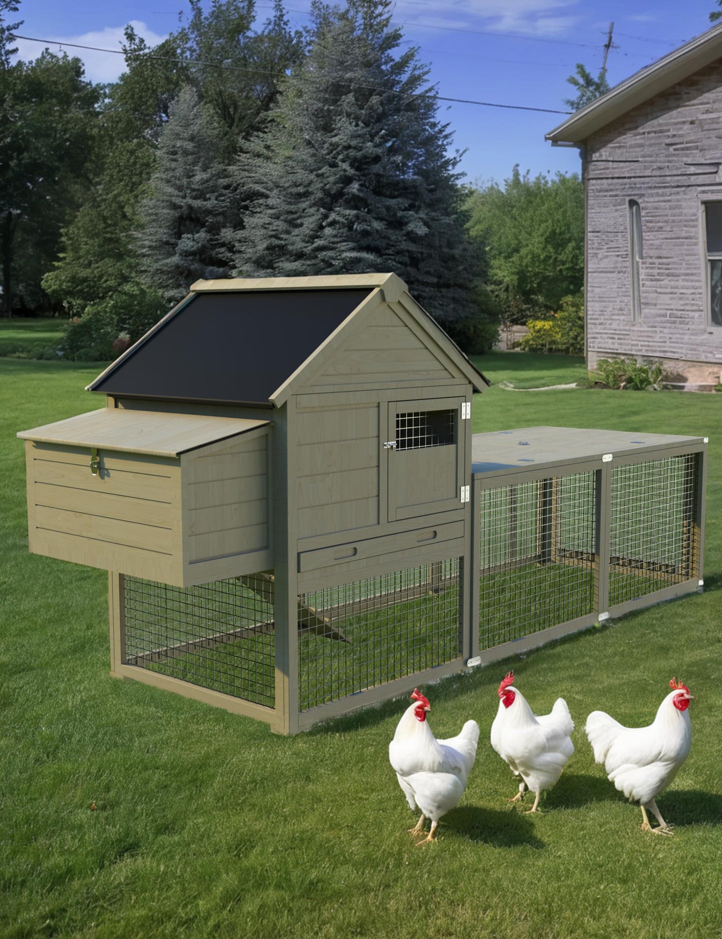 KYBOLT Rabbit Cage, Indoor and Outdoor Rabbit Hutch, Chicken Coop Small Animal Pen and Hutch Enclosure with Anti-UV Waterproof Roof, No Leak Pull Out Tray, Run and Ramp, 109in, Wood Color